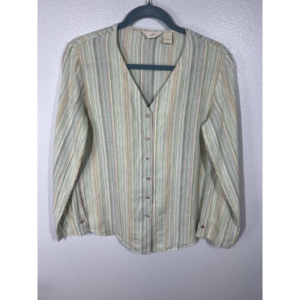 J. Jill Shirt Women's XS‎ Stripe 100% Linen Long Sleeve Button Up Casual Tunic